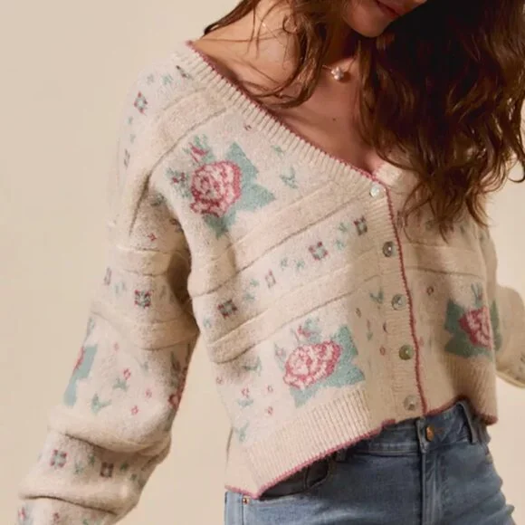 SO ME‎ Floral Pattern Long Sleeve Button Sweater Cardigan